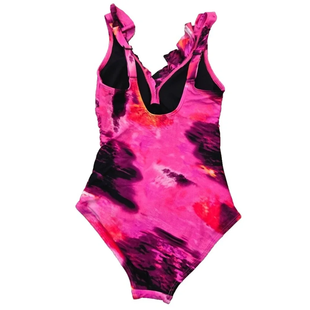 DKNY Ruffle Plunge Tummy Control 1 Piece Swimsuit Womens S Fushia/BlacK NWT - Picture 6 of 13